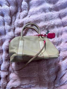 Coach Beige Pebbled Leather Satchel with Pink Trim